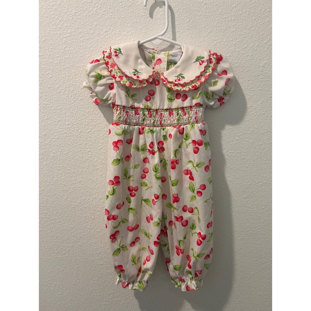 Vintage Baby Girls Cherry Print Smocked Romper Peter Pan Collar White Red 6-9M